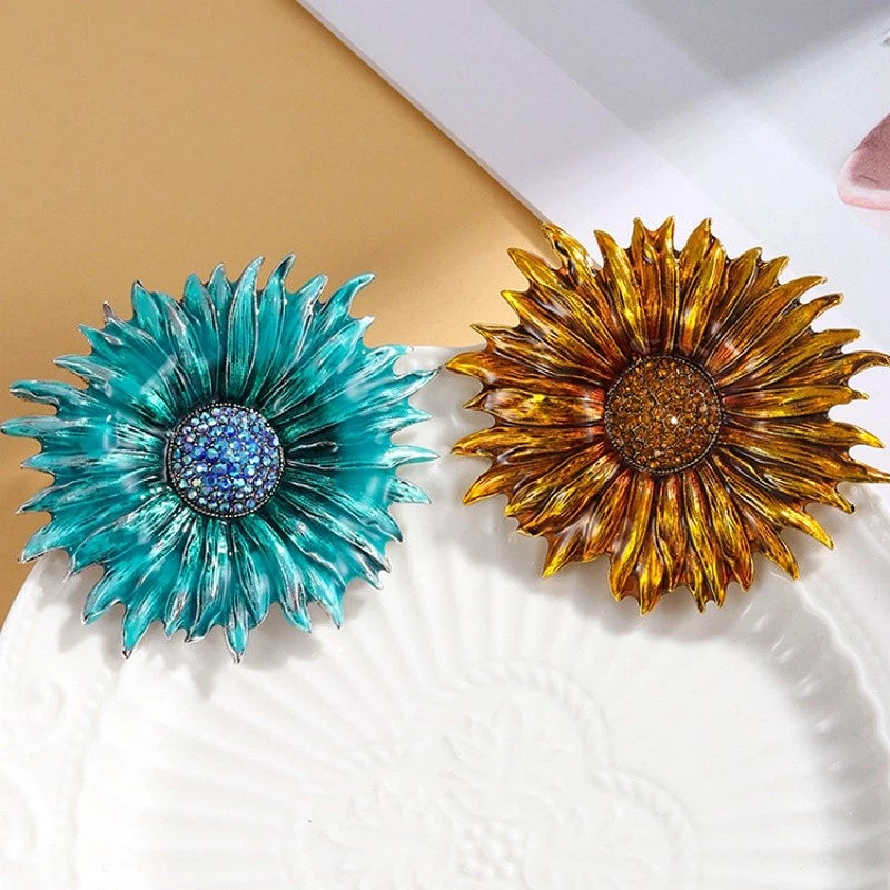 Yellow/Blue Enamel Crystal Rhinestone Large Sunflower Brooch Pin Sunflower