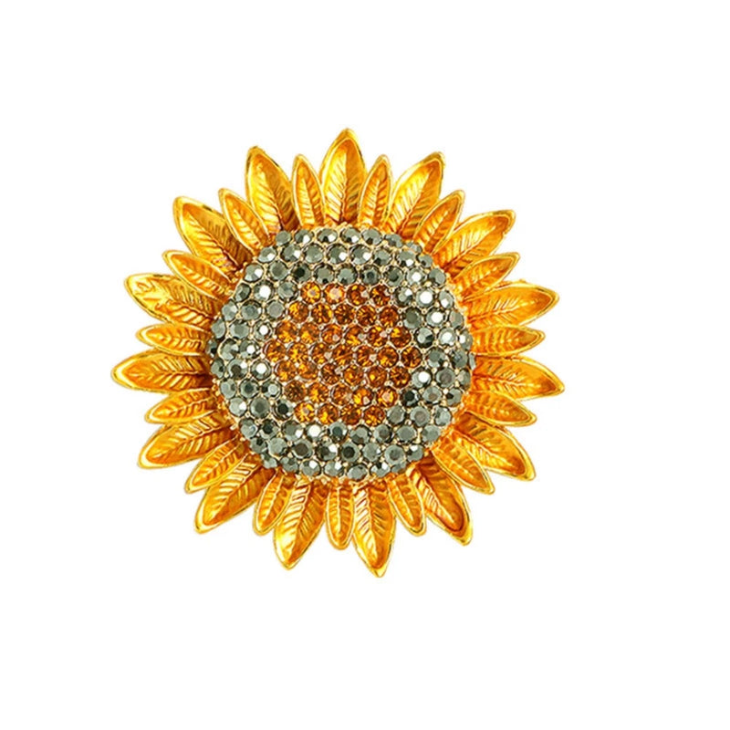 Vintage Rhinestone Sunflower Brooch for Women, Elegant Flower Crystal Yellow Pin Sunflower