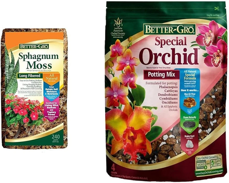 Better-Gro sphagnum moss and orchid potting mix bags, long fiber natural