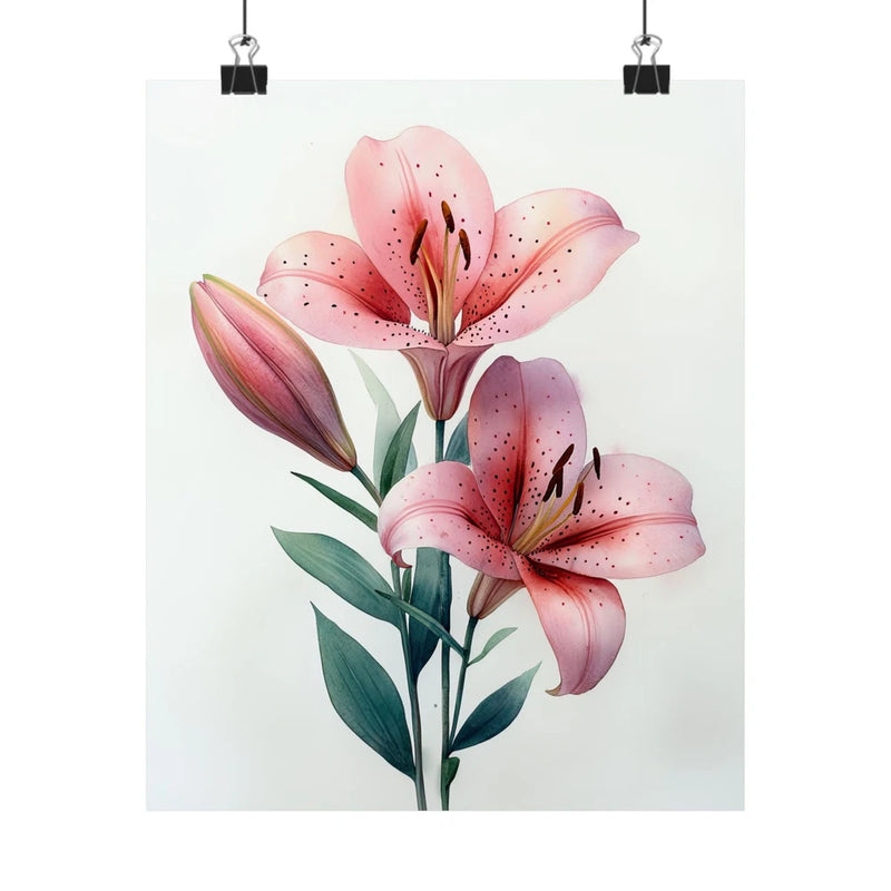 Minimalist floral art print poster with pink tiger lily flowers and green leaves