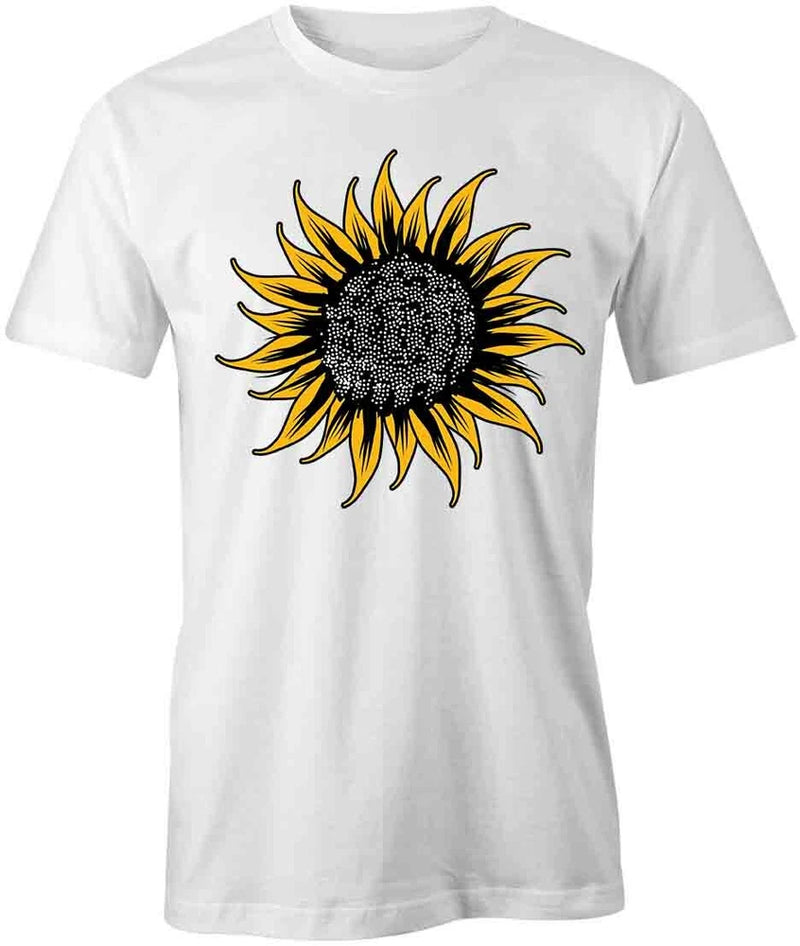 White cotton short-sleeve T-shirt with large yellow sunflower graphic on front