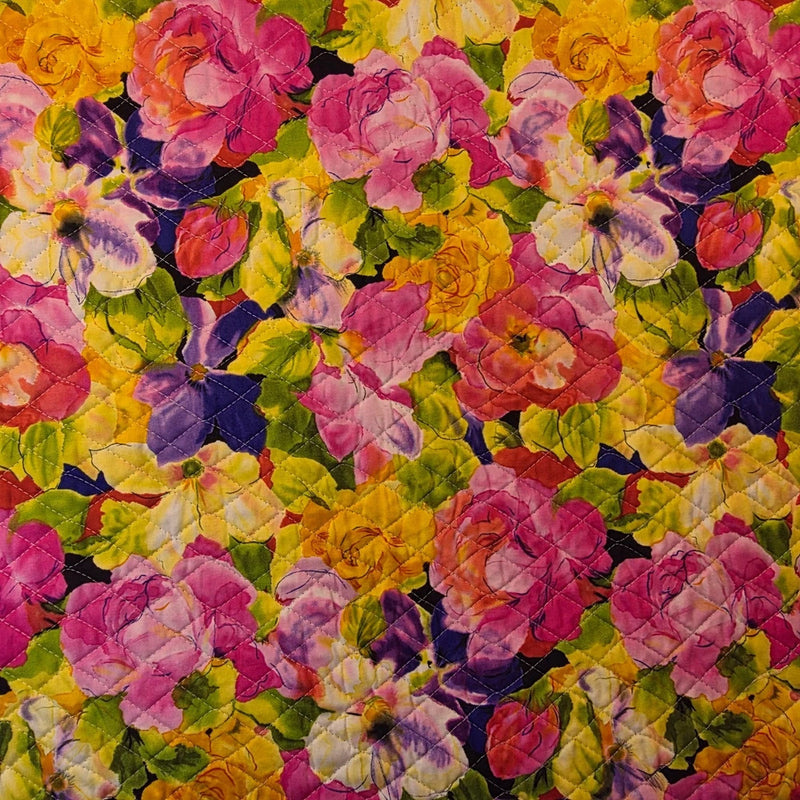 Watercolor Floral Fantasia Double Sided Faced Reversible Pre Quilted Fabric Flowering Plants