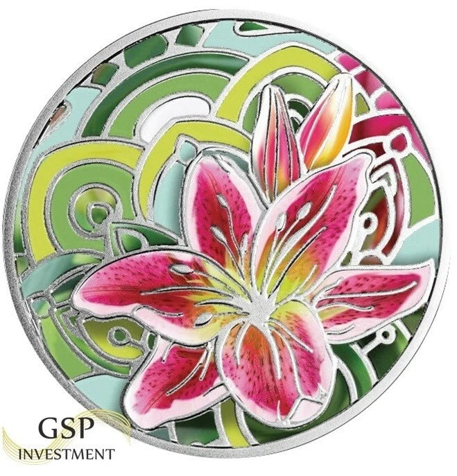 Proof silver coin with colorful lily flower enamel and GSP INVESTMENT text