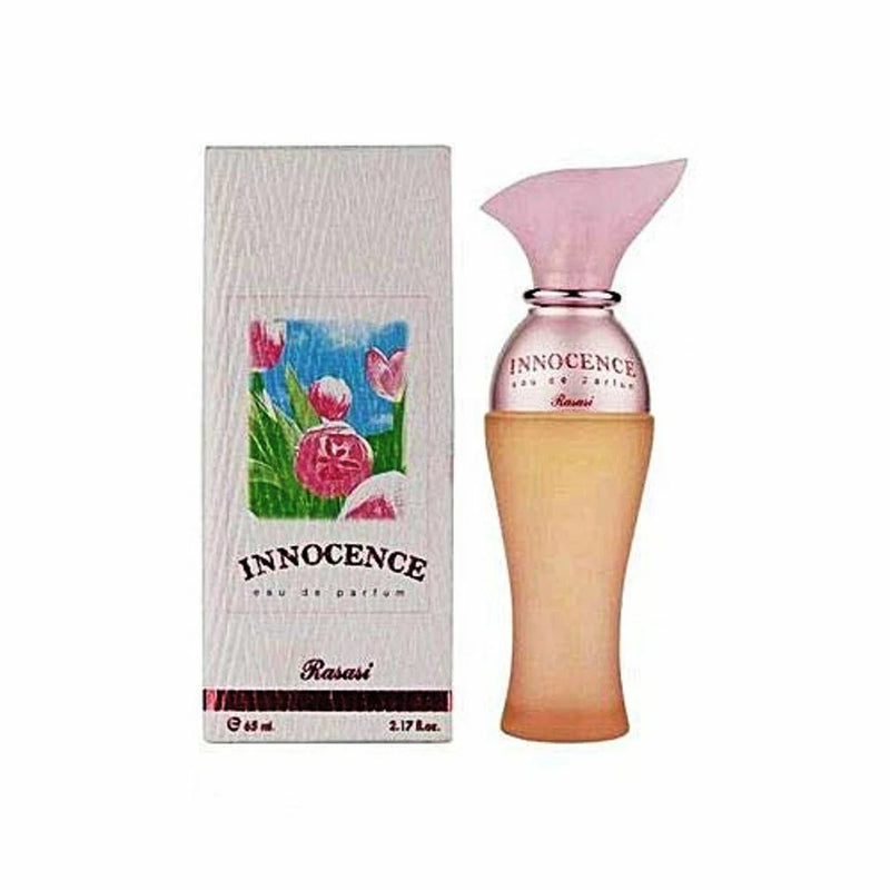 Rasasi Innocence woman EDP perfume bottle with pink cap and matching gift box