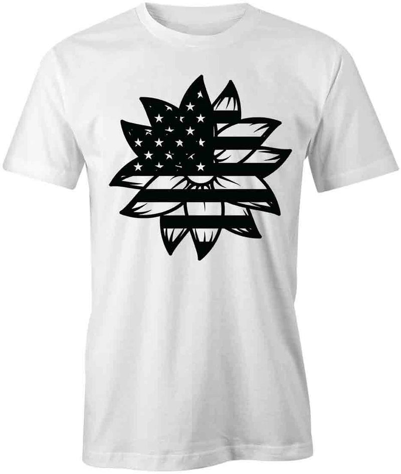 White cotton T-shirt with black sunflower graphic, short sleeves, crew neck