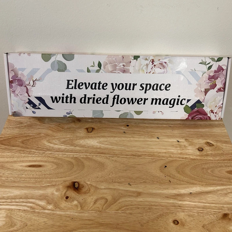 Floral dried flower craft kit box with 'Elevate your space' printed design
