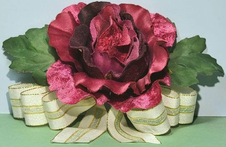 Large Deep Red Velveteen Silk Rose & Bow Corsage Princess "Kachi" Garden Flower Bouquet