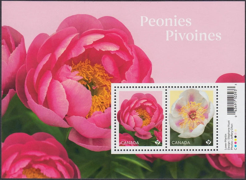Canada peony souvenir stamp sheet with pink and white flower designs