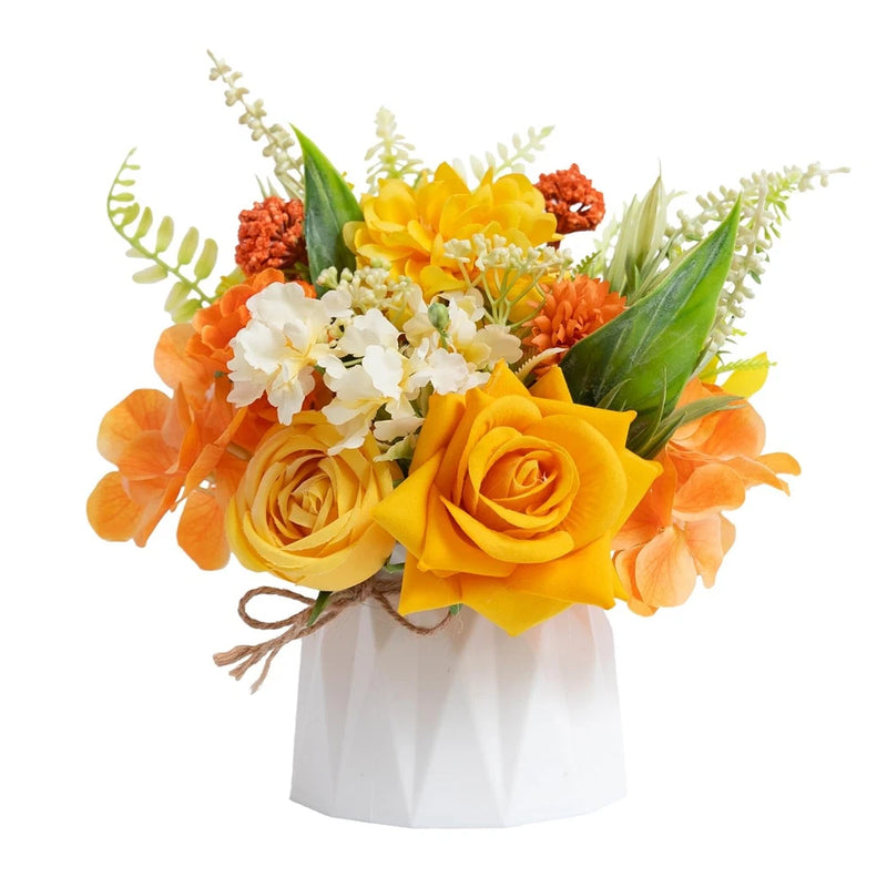 Small Fake Flowers in Plastic Vase, 7" Yellow Orange Silk Flower Arrangements... Hydrangea