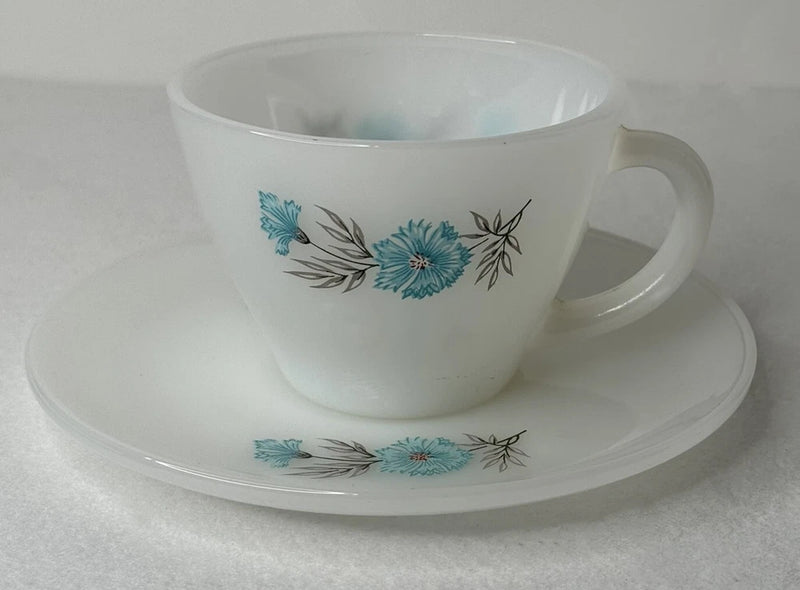Vintage Fire King Bonnie Blue Carnation Flower Coffee Tea Cup and Saucer Set Carnation