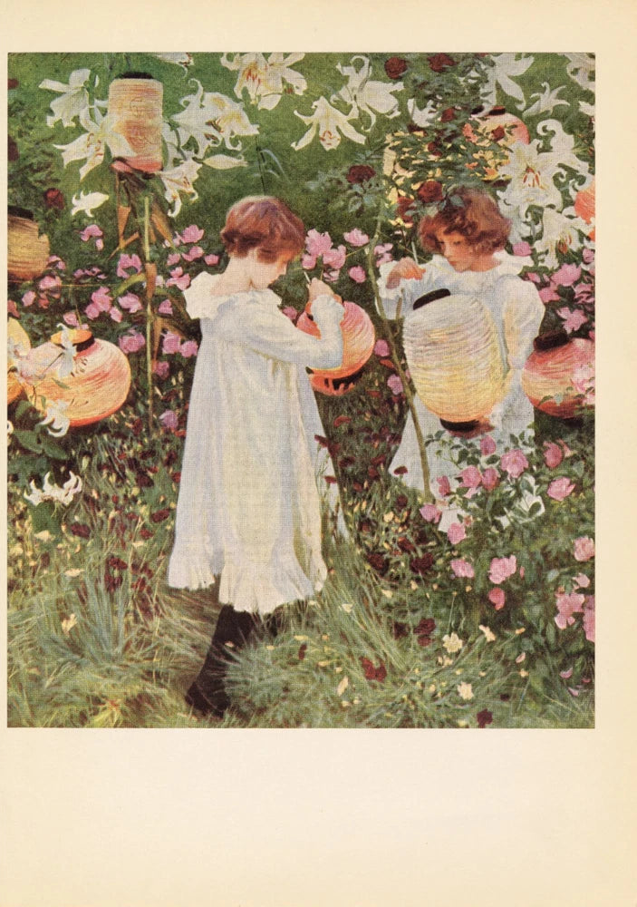 Vintage art print of two children in a flower garden with lilies and roses