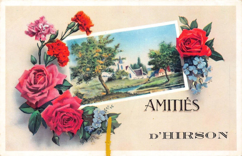 Vintage greeting postcard with roses, carnations, and a landscape scene inset