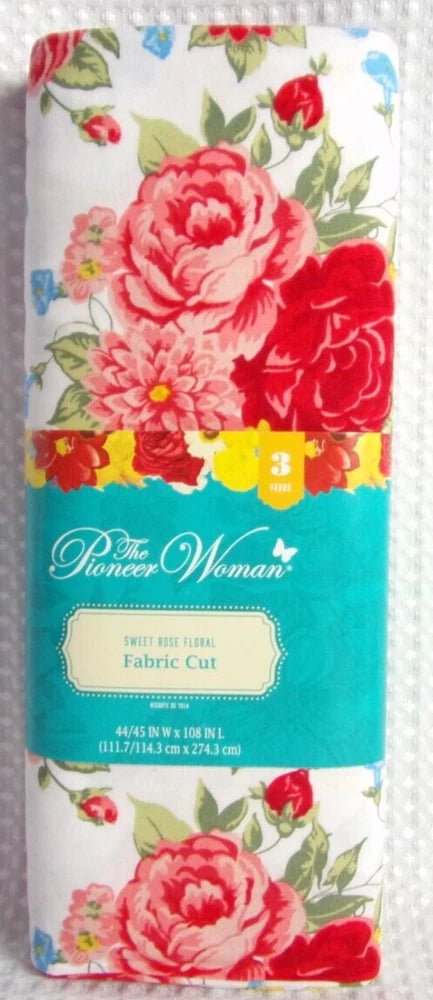 Cotton floral fabric, white with red and pink roses, 44 in wide, 3 yd cut