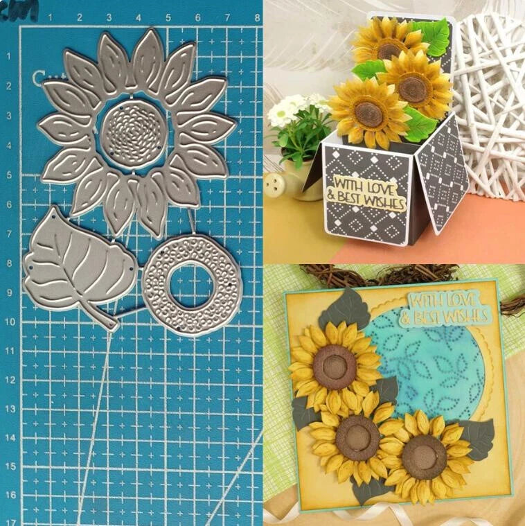 Sunflower metal cutting die set with layered flower and leaf shapes