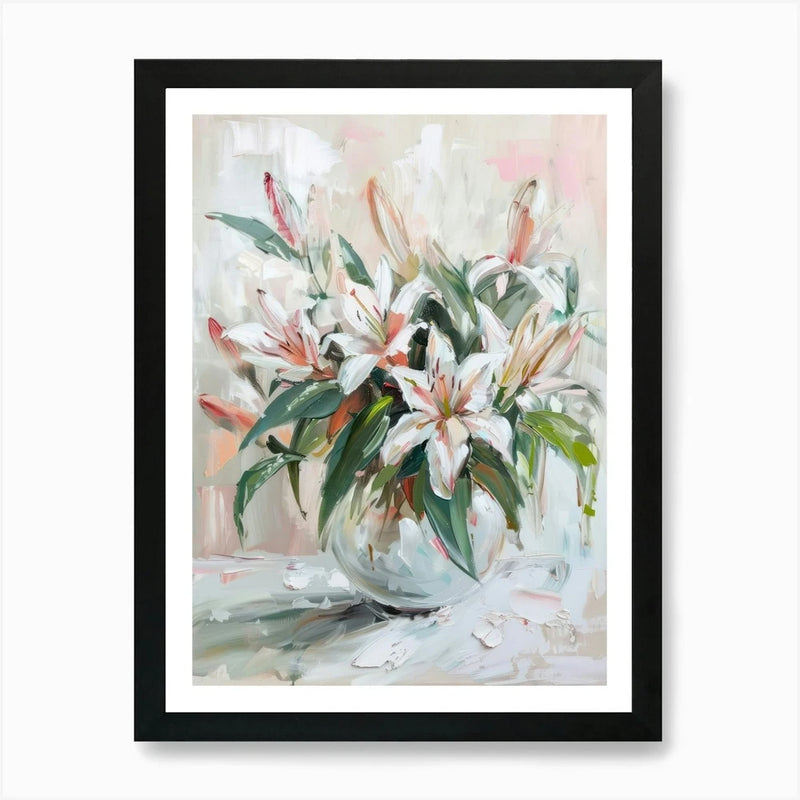 Framed wall art print with white lilies and green leaves on light abstract background