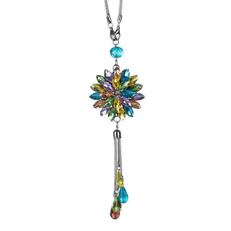 Multicolor rhinestone sunflower car pendant ornament with dangling beaded flower charm