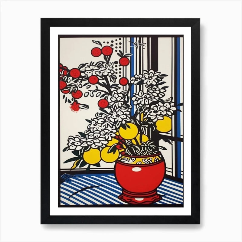 Framed floral wall art print with red carnations, yellow blooms, and red vase