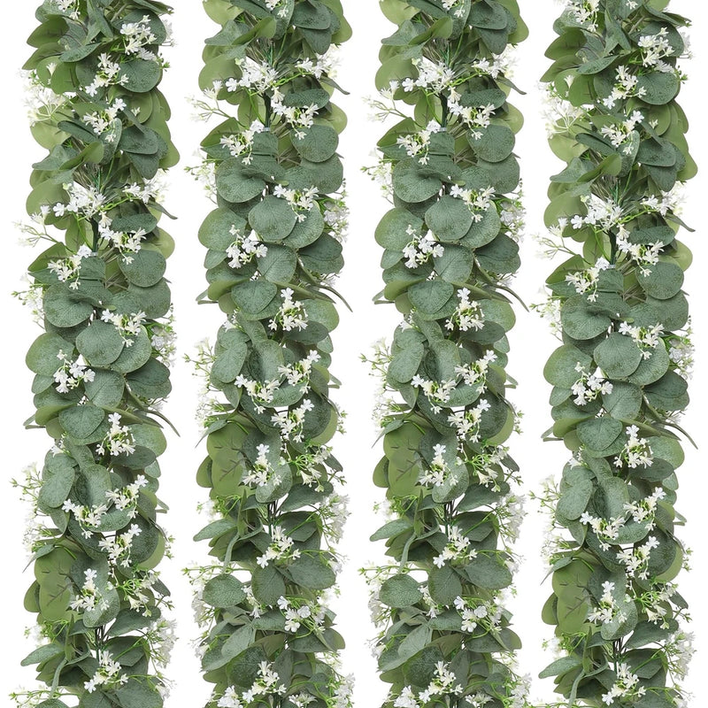 Eucalyptus Garland with White Flowers, 4 Packs 5.9Ft Artificial Silver Dollar... Green Plant