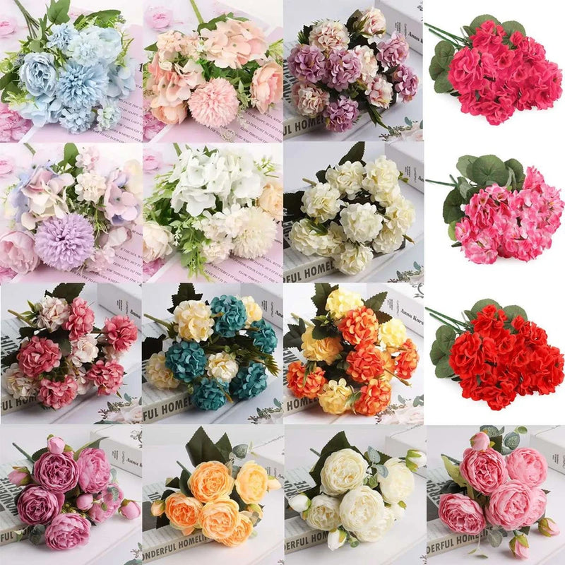 Artificial rose bouquets, colorful faux flowers with green leaves for home decor