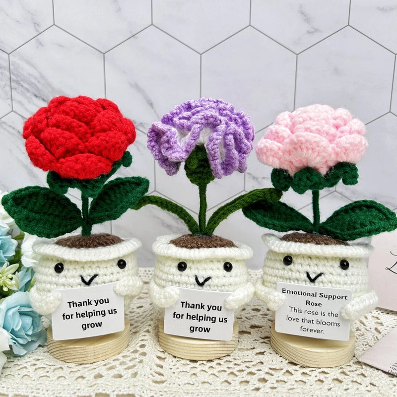 Handmade crochet flower desk decor set with red, purple, and pink blooms and thank-you tags