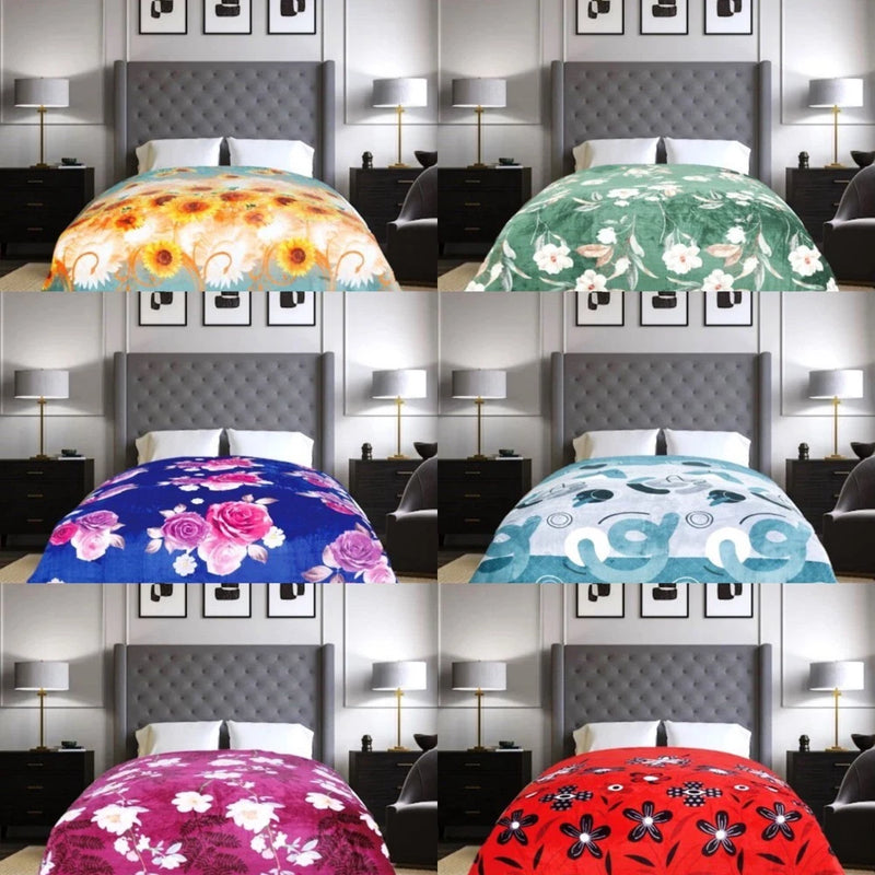 Printed flannel blanket with colorful floral patterns, lightweight queen/king size