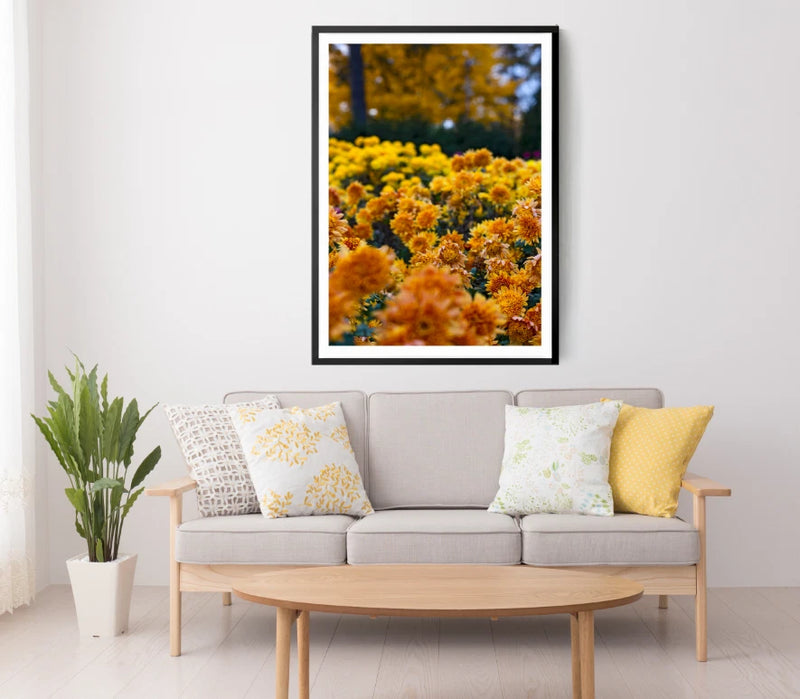 Framed sunflower field wall art print with yellow flowers, black frame