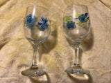 Set Of 2 LIBBEY VTG Glass Stemware Wine Blue Floral Carnation Leaves Nice! Carnation