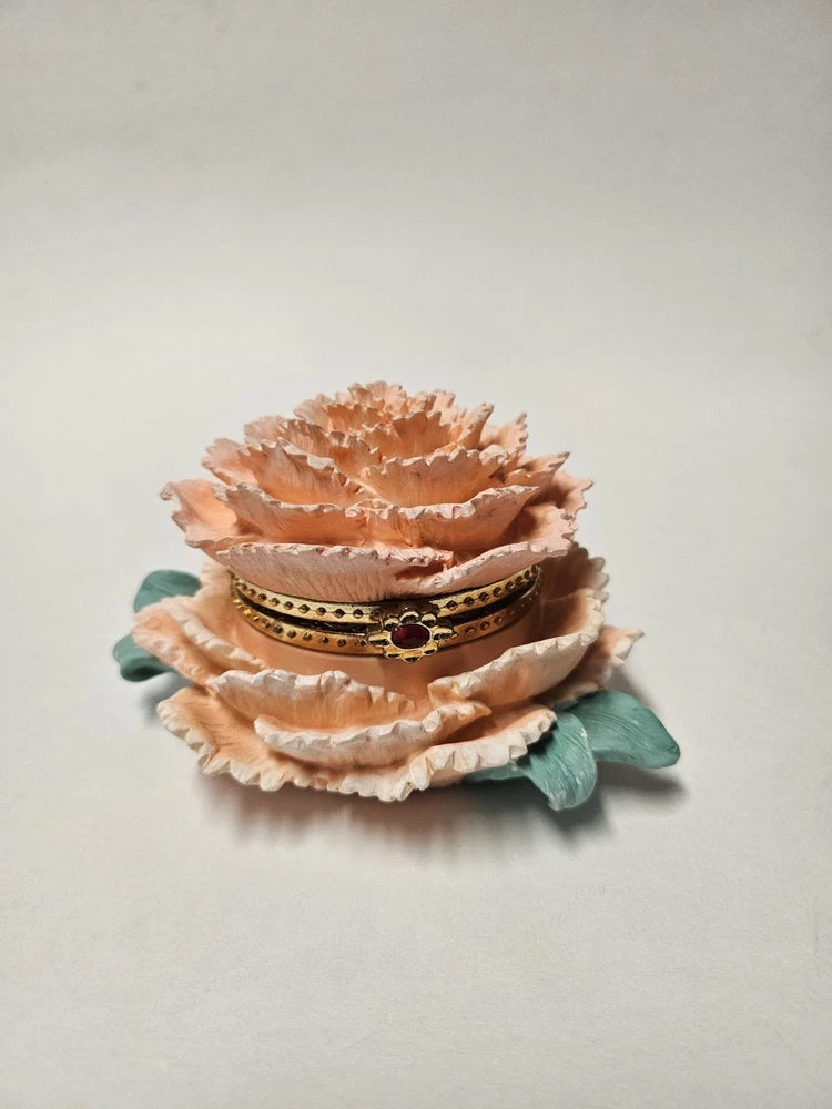 Vintage Peach Carnation Flower Trinket Jewelry Box Hinged Garnet Clasp FG 99039 Carnation