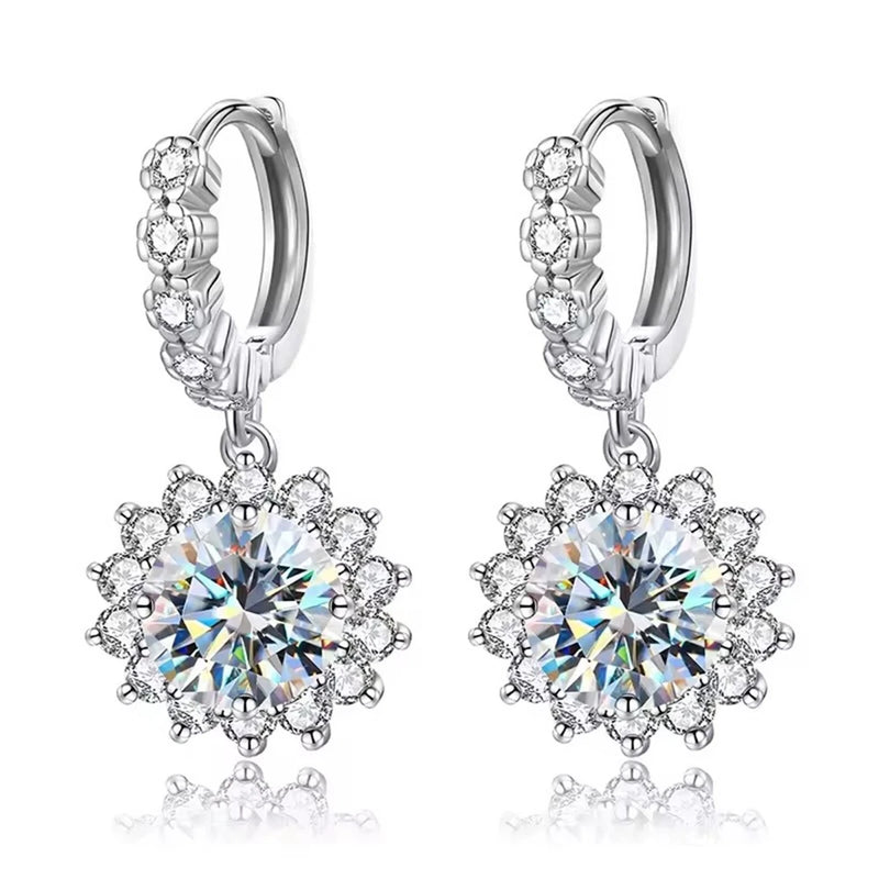 2.20 ctw Brilliant Moissanite 925 Sterling Silver Sun Flower Hoop Drop Earrings Sunflower