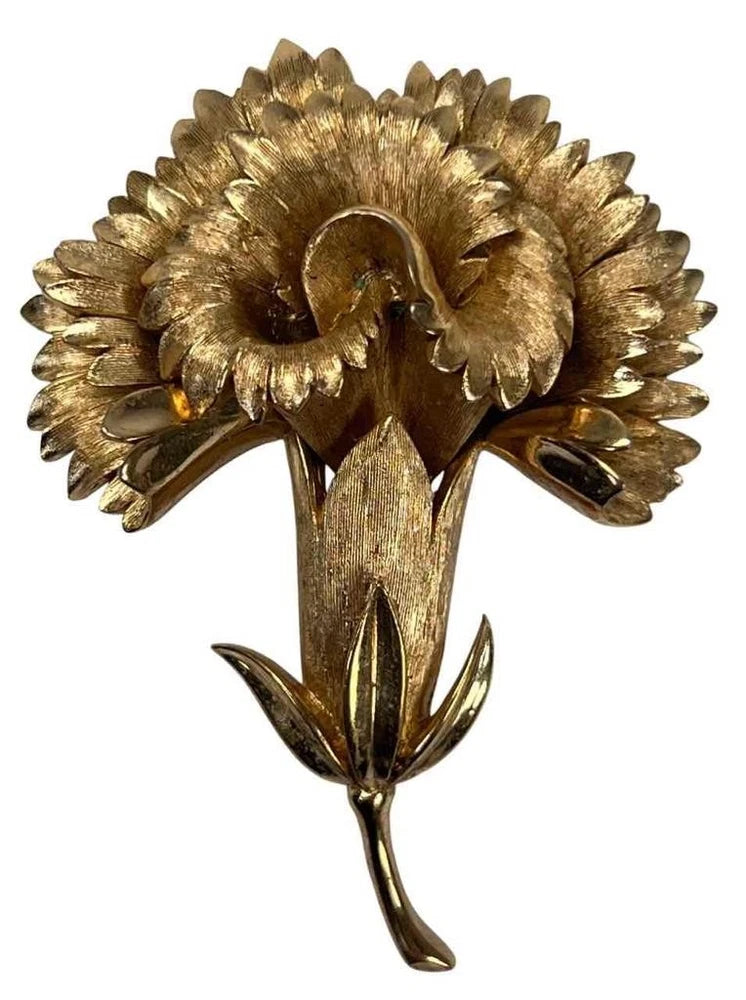 Vtg. Crown Trifari 3D Textured Brushed Gold Carnation Flower Costume Brooch Pin Carnation