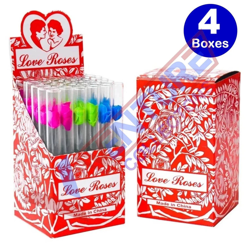 Love Roses glass tube set in red patterned boxes, with colorful tube tips visible