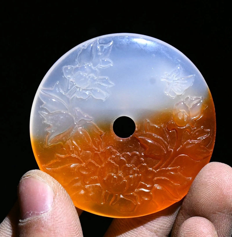 5CM Old Dynasty Natural Jade Fengshui Peony Flower Butterfly Amulet Pendant Peony