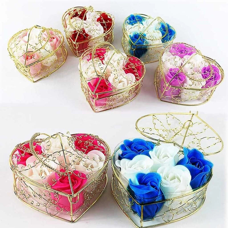 Set of heart-shaped rose soap gift boxes with ribbon and heart metal frame