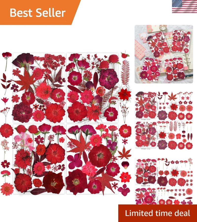 Red pressed flowers craft kit with tweezers and butterfly stickers, 150-piece set