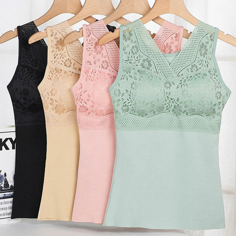 Women's mint green thermal tank top with lace rose pattern and V-neck, sleeveless