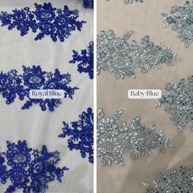 Floral sequin embroidered mesh lace fabric swatch, blue with double scallop border