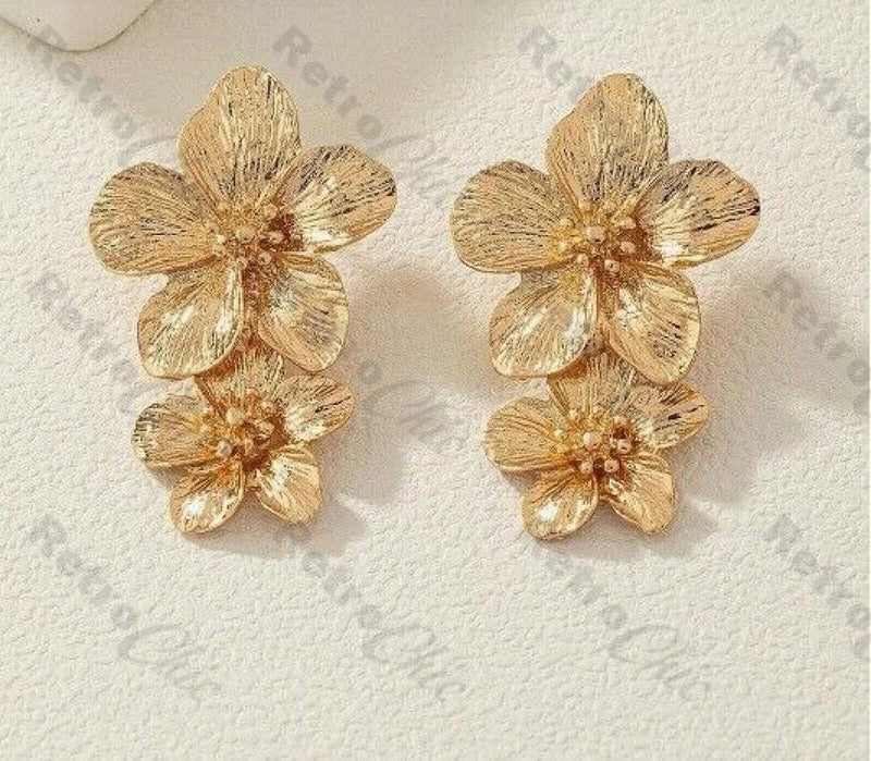 Two Gold Flower Petal Statement Dangle Drop Earrings Zara Look Double Daisy Stud Daisies