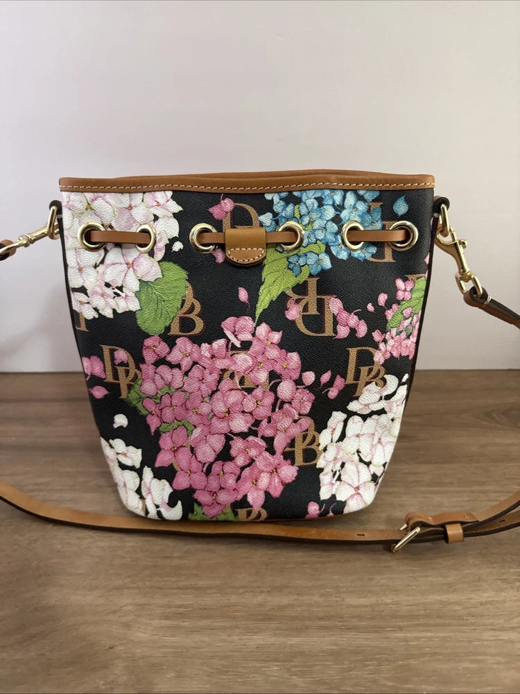 Dooney & Bourke Black Hydrangea Small Drawstring Handbag Purse NWOT Hydrangea