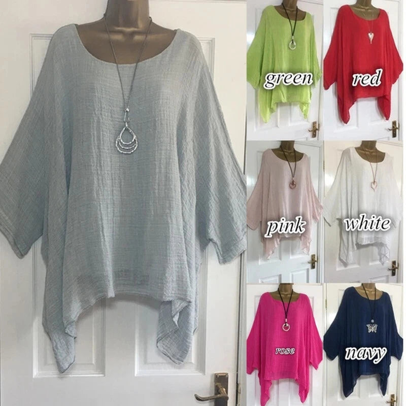 Light blue loose O-neck batwing-sleeve blouse with 3/4 sleeves