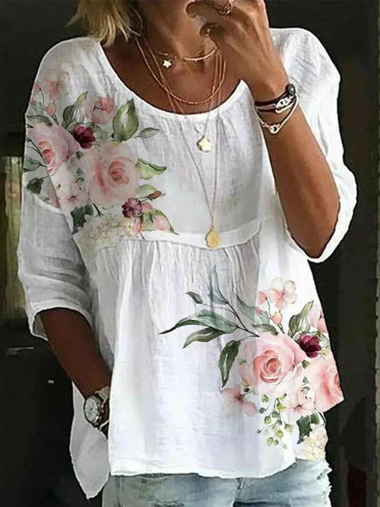 Women's white floral cotton-linen tunic blouse with 3/4 sleeves, loose boho fit