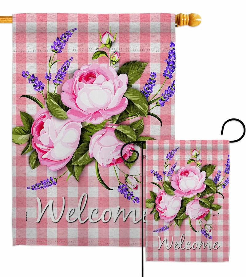 Pink gingham yard flag with rose and lavender floral bouquet, Welcome text