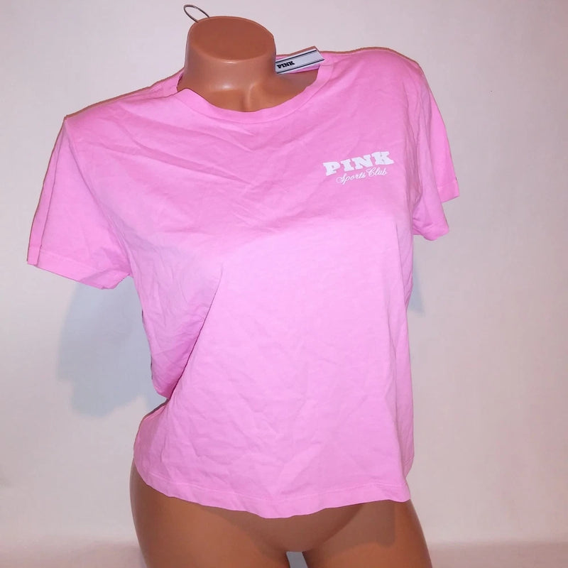 Neon pink crew-neck short-sleeve T-shirt with PINK logo at chest