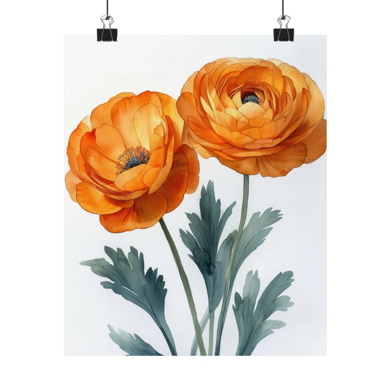 Boho Orange Ranunculus Flower Art Print Poster, Minimalist Floral Wall Art 3 Ranunculus