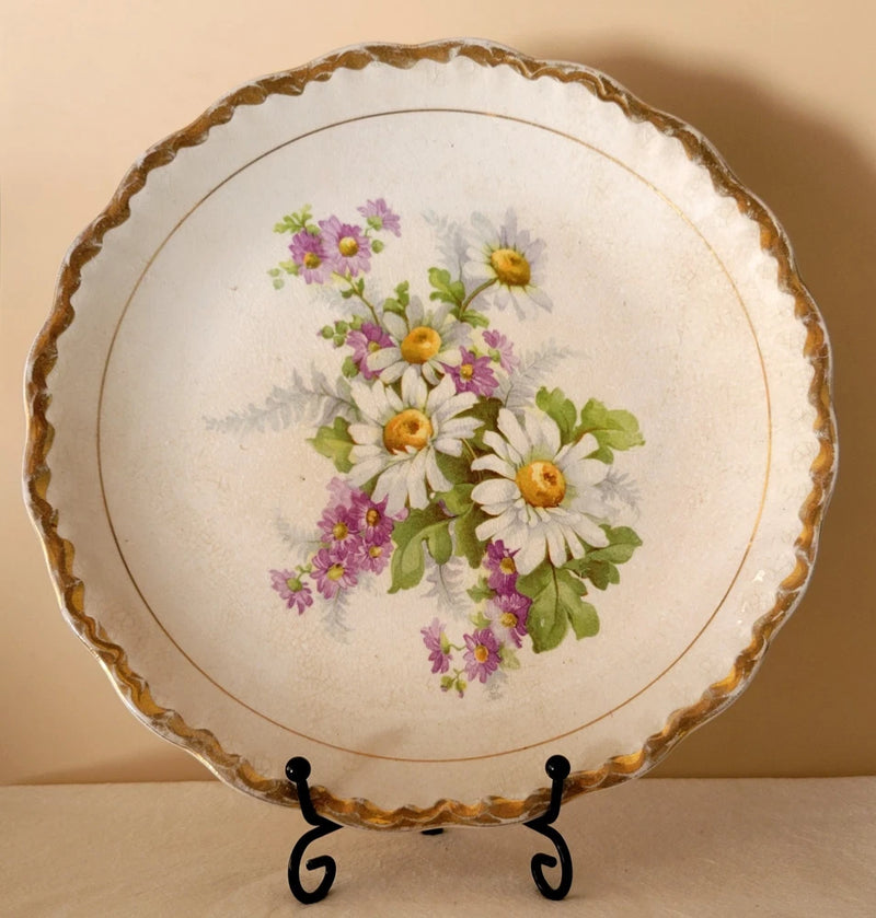 Antique Carnation  McNicol 8" Plate White Daisies Purple Flowers Gold USA 1910s Carnation