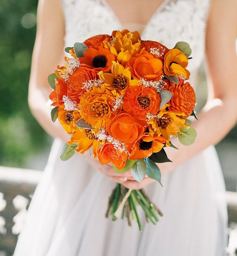 Bright Orange Bridal Bouquet Custom Sola Wood Bridesmaid Faux Wedding Flowers Bouquet