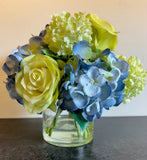 DIANE JAMES DESIGNS White Roses, Blue Hydrangea & Viburnum in Glass Vase, 8" Hydrangea