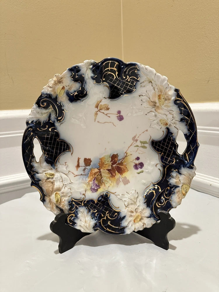 RS Prussia Cobalt Carnation Mold 73 Cake Plate Nouveau Period Carnation