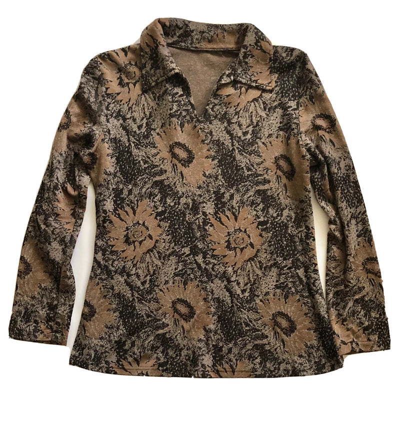 Long Sleeve Metallic Sunflowers Print Collared Top Sunflower