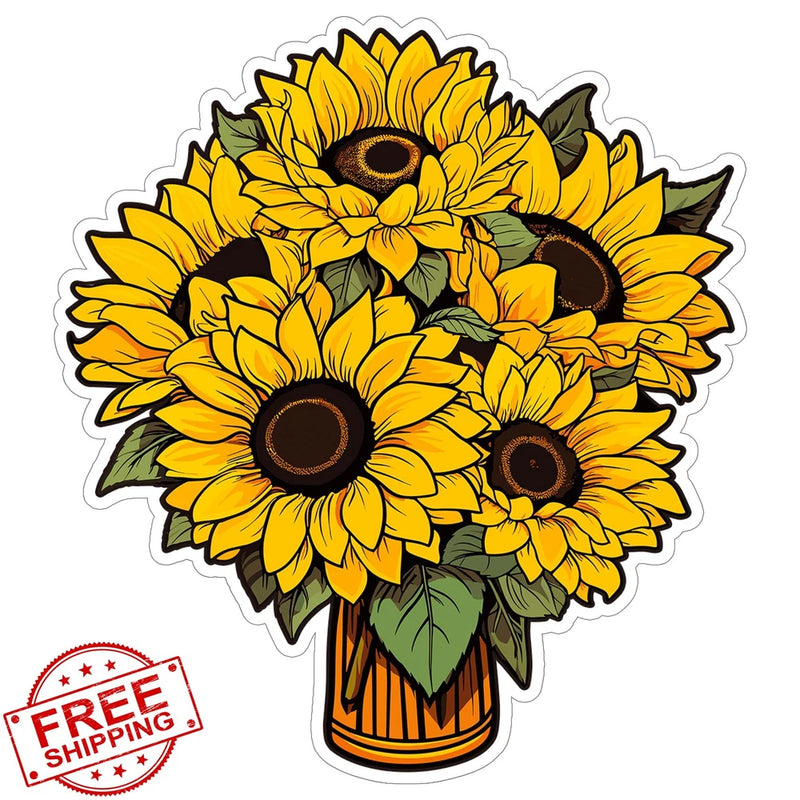 Waterproof sunflower vinyl sticker with three yellow flowers in striped pot