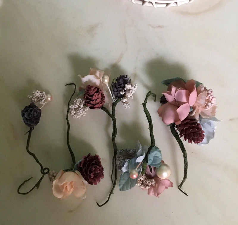 Vintage Lot Millinery Flowers 5 Posies Peach Roses Hydrangea Crafts Doll Hats Hydrangea